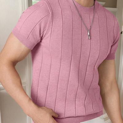 Bon&Bon Homme Men's Navy Blue Rib-Knit Short Sleeve Crew Neck Top Pink / S