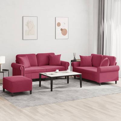 3-delige Loungeset met kussens fluweel wijnrood