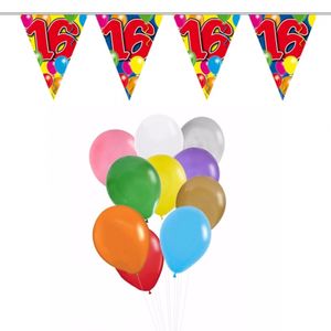 Verjaardag 16 jaar feest thema set 50x ballonnen en 2x leeftijd print vlaggenlijnen