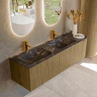 Badmeubel Mondiaz Kurve-Dlux | 155 cm cm | Meubelkleur Dusk | Wastafelkleur Lava | Solid surface | Dubbel / Links spoelbak | 2 kraangaten