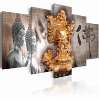 Schilderij - Boeddha - Lachend , Brons/ Zilver, 5luik , premium print op canvas
