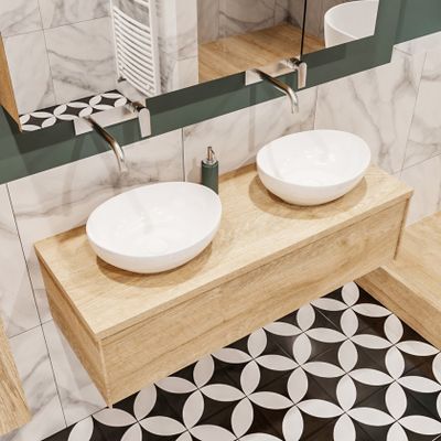 Mondiaz Lush Barco badmeubel Washed oak 120 cm 1 lade mdf 2 waskommen beide zijden zonder kraangat