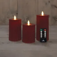 Anna&apos;s Collection LED kaars flame effect ribbel set 7.5 cm bordeaux 3 stuks