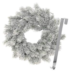 Kerstkrans 35 cm - groen - besneeuwd - met zilveren hanger/ophanghaak - kerstversiering - Kerstkransen