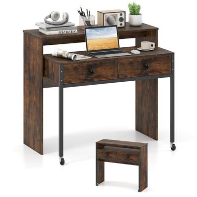 Uittrekbare Bureau Kleine Computertafel met 2 Lades en Wielen 100 x 63 x 88 cm Bruin