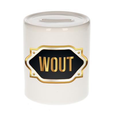 Spaarpot met voornaam Wout - wit - goud/zwart embleem - 8 x 9 cm - keramiek - afsluitdop Spaarpot met voornaam Wout - wit - goud/zwart embleem - 8 x 9 cm - keramiek - afsluitdop