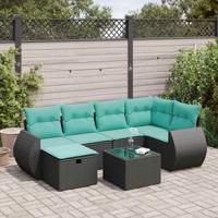 7-delige Loungeset met kussens poly rattan zwart