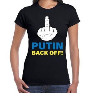 Putin back off / middelvinger t-shirt zwart dames - Oekraine shirt met Oekraiense vlag in letters