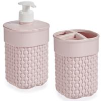 Badkamer accessoires set - 2-delig roze - kunststof - Zeeppompje - Tandenborstelbeker