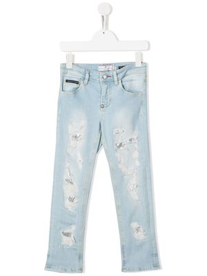 Philipp Plein Junior jean droit à effet usé - Bleu