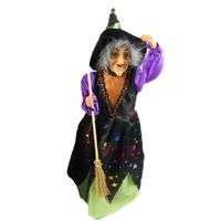 Halloween decoratie heksen pop - staand - 35 cm - zwart/groen - thumbnail