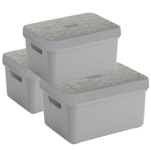 Opbergbox/mand lichtgrijs 5 liter kunststof met deksel - Set van 3x stuks