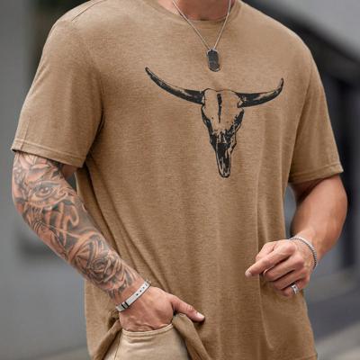 Bon&Bon Men's Plus Size Bull Skull Graphic T-Shirt - Green Street Style Khaki / 5XL Bon&Bon Men's Plus Size Bull Skull Graphic T-Shirt - Green Street Style Khaki / 5XL