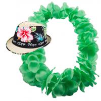 Hawaii thema party verkleedset - Trilby strohoedje - bloemenkrans fluor groen - Tropical toppers