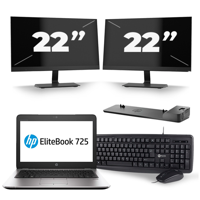 HP EliteBook 725 G3 - AMD PRO A8-8600B - 12 inch - 8GB RAM - 240GB SSD - Windows 11 + 2x 22 inch Monitor