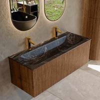 Badmeubel Mondiaz Kurve-Dlux | 120 cm | Meubelkleur Walnut | Wastafelkleur Lava | Solid surface | Midden spoelbak | 2 kraangaten