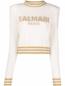 Balmain pull crop à logo en intarsia - Tons neutres