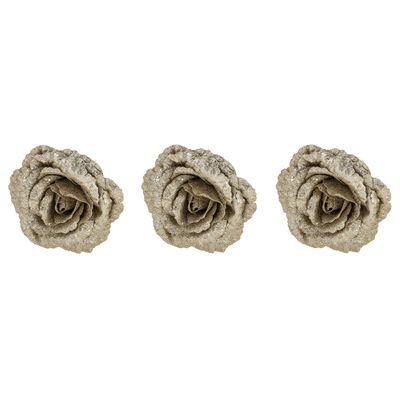 4x stuks decoratie bloemen roos champagne glitter op clip 18 cm