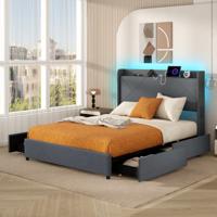 Tweepersoonsbedframe Inclusief LED-verlichting Gestoffeerd Platformbed met Oplaadstation Grijs 200 x 160 cm Tweepersoonsbedframe Inclusief LED-verlichting Gestoffeerd Platformbed met Oplaadstation Grijs 200 x 160 cm