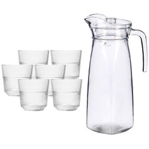 Glazen karaf/schenkkan met deksel van 1,4 liter met 6x stuks drinkglazen/waterglazen 270 ml