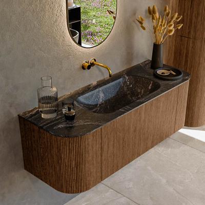 Mondiaz KURVE-DLUX 130 cm Onderkast Greeploos 1 Lade Met Deuren Walnut, Wastafel Solid Surface Midden Lava 0 Kraangaten Zonder Spiegel (KRVBGS130L+R1L2D0KM-Wal/Lav)