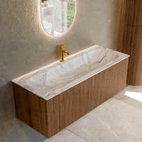 Badmeubel Mondiaz Kurve-Dlux | 120 cm | Meubelkleur Walnut | Wastafelkleur Glace | Solid surface | Midden spoelbak | 1 kraangat Badmeubel Mondiaz Kurve-Dlux | 120 cm | Meubelkleur Walnut | Wastafelkleur Glace | Solid surface | Midden spoelbak | 1 kraangat