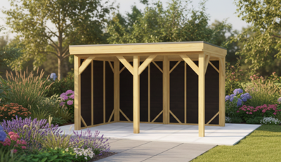 Overkapping Alkmaar 420x270 cm Douglas blank met vuren rabat wanden zwart (Incl. EPDM)- - - Van Kooten