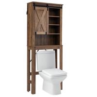 Houten Boventoiletkast 4 Planken met Schuifdeur Industrieel Badkameropbergmeubel met Anti-Tip-Apparaat 67x25x172cm Retrogrijs