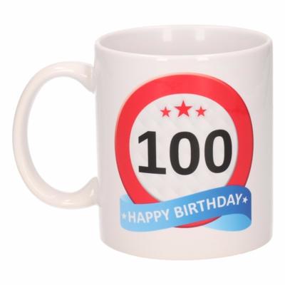 100 jaar Verjaardag koffiemok - cadeau beker - stopbord print - 300 ml - keramiek - wit
