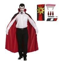 Halloween Vampier verkleedset - schmink - tandjes - Lange cape met kraag rood - volwassenen