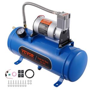 VEVOR 12V luchtcompressor met tank 6L, treinhoornluchtcompressorset, 90-120PSI werkdruk, geïntegreerd luchtcompressorsysteem voor treinluchthoorns, het oppompen van banden, vrachtwagens, SUV's, enz. Blauw