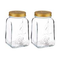 Voorraadpot/bewaarpot Square - 2x - glas - 1L - transparant/goud - D10 x H17 cm - voedsel bewaren