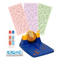 Bingospel blauw/geel/oranje 1-90 met bingomolen, 48 bingokaarten en 2 bingostiften   -