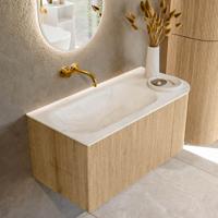 Mondiaz KURVE-DLUX 95 cm Onderkast Greeploos 1 Lade Met Deuren Oak, Wastafel Solid Surface Links Ostra 0 Kraangaten Zonder Spiegel (KRVBGS95R1L1D0KL-Oak/Ost)