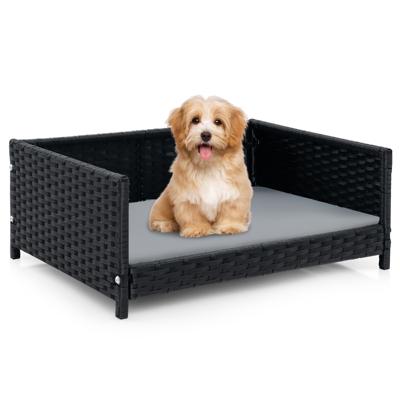 Rotan Hondenbed Handgeweven Rieten Huisdierbed Slaapbank met Waterdicht Zacht Kussen en Metalen Frame 62 x 46 x 25 cm