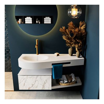 Mondiaz Riva 120cm badmeubel onderkast planchet kleur carrara met 1 lade wastafel links 1 kraangat kleur talc