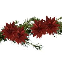Kerstboomversiering Bloemen - 4x stuks - 9 cm - rood glitter - op clip