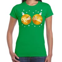 Fout kerst t-shirt groen met gouden kerst ballen voor dames - thumbnail