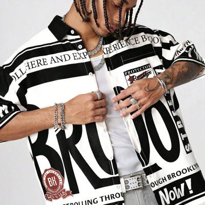 Bon&Bon AXEPEAK Men's Loose Fit Digital Print Short Sleeve Shirt Black and White / XXL