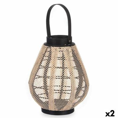 Kaarshouder Lantaarn Met handvat Beige Hout Stof 25 x 30 x 25 cm (2 Stuks)