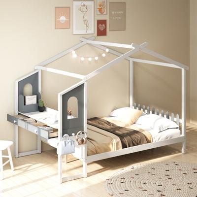 Tweepersoonsbed met Bureau Houten Platformbed met Hekvormig Hoofdeinde Lattenbodem met 18 Houten Latten 200 x 140 cm