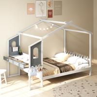 Tweepersoonsbed met Bureau Houten Platformbed met Hekvormig Hoofdeinde Lattenbodem met 18 Houten Latten 200 x 140 cm Tweepersoonsbed met Bureau Houten Platformbed met Hekvormig Hoofdeinde Lattenbodem met 18 Houten Latten 200 x 140 cm