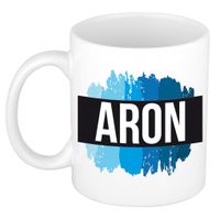 Naam cadeau mok / beker Aron met blauwe verfstrepen 300 ml   -