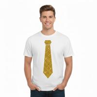 T-shirt met stropdas print goud - heren - wit - feestelijke shirts - glitter - glamour