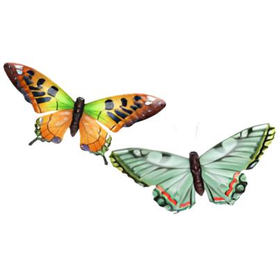 Wanddecoratie vlinders - 2x stuks - oranje en groen - 49 x 34 cm - metaal - muurdecoratie tuin