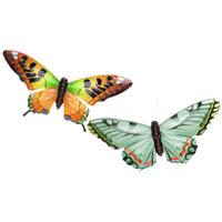 Wanddecoratie vlinders - 2x stuks - oranje en groen - 49 x 34 cm - metaal - muurdecoratie tuin