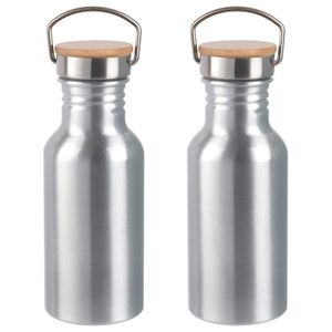 2x Stuks aluminium waterfles/drinkfles zilver met bamboe schroefdop 550 ml