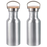 2x Stuks aluminium waterfles/drinkfles zilver met bamboe schroefdop 550 ml