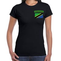 Tanzania t-shirt met vlag zwart op borst voor dames - thumbnail