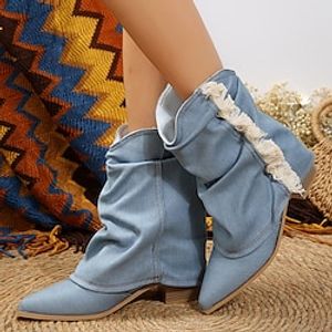 Western lichtblauwe denim dames cowboylaarzen met kwastjes en blokhak Lightinthebox